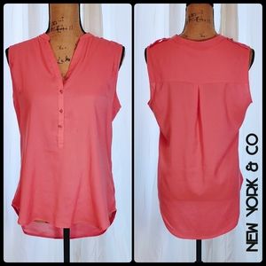 New York & Company Pink Sleeveless V Neck Blouse Silver Buttons M